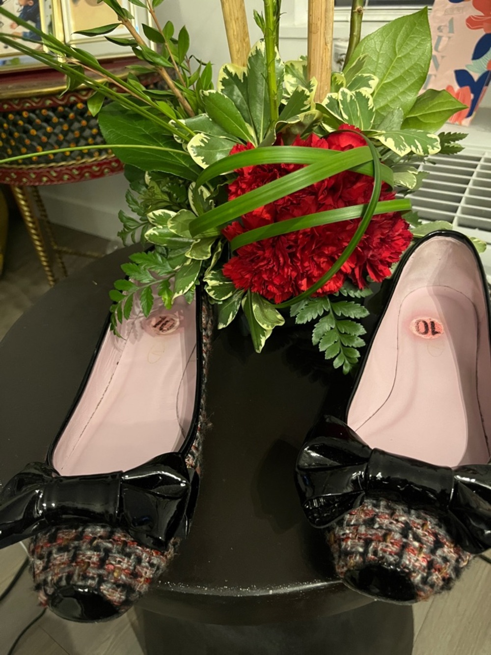 Valentino Garavani Black Patent Bow Tweed Flats with Pink Insole